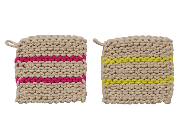 Cotton Crocheted Pot Holder w/ Neon Stripes