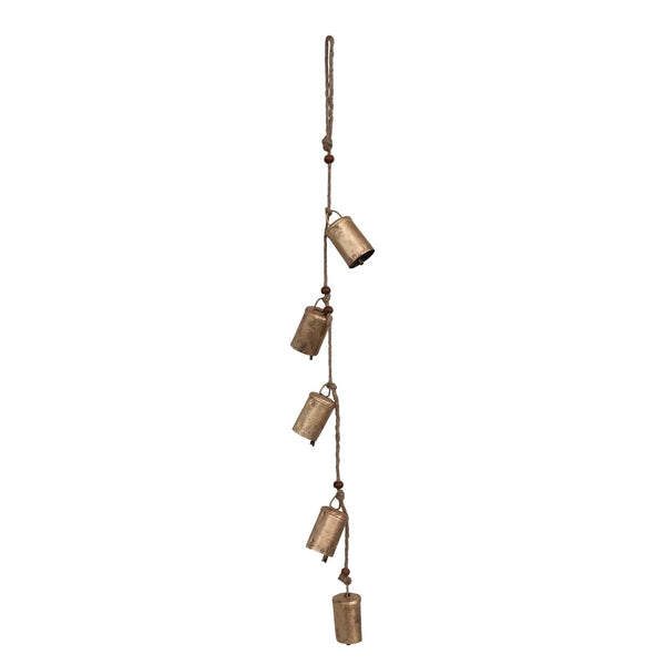 28" Hanging Metal Bells with Wood Beads and Jute Rope
