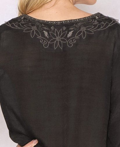 Long Peasant Sleeve Embroidered Top - Black