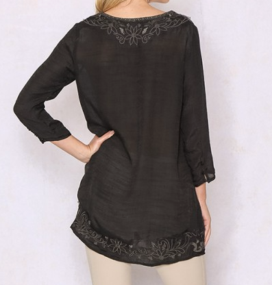 Long Peasant Sleeve Embroidered Top - Black