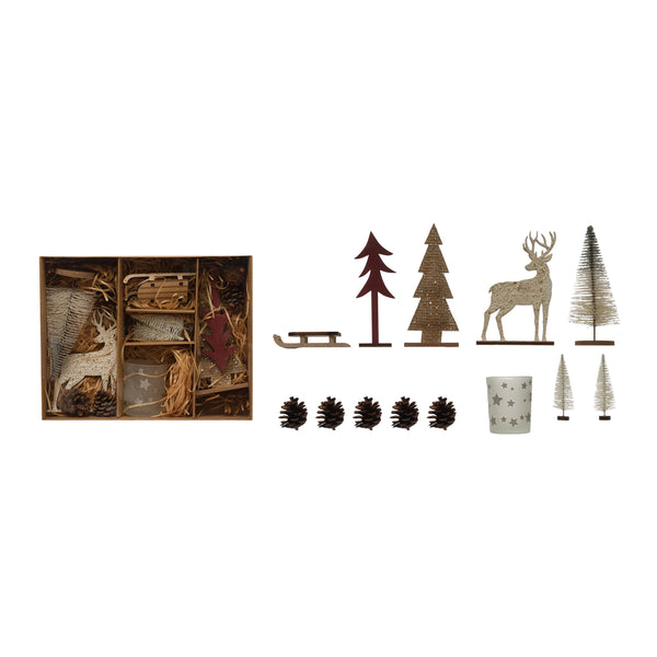 Candle Garden Kit with Bottle Brush Trees, Tealight, Pinecones and Wood Figures, Boxed Set of 13
