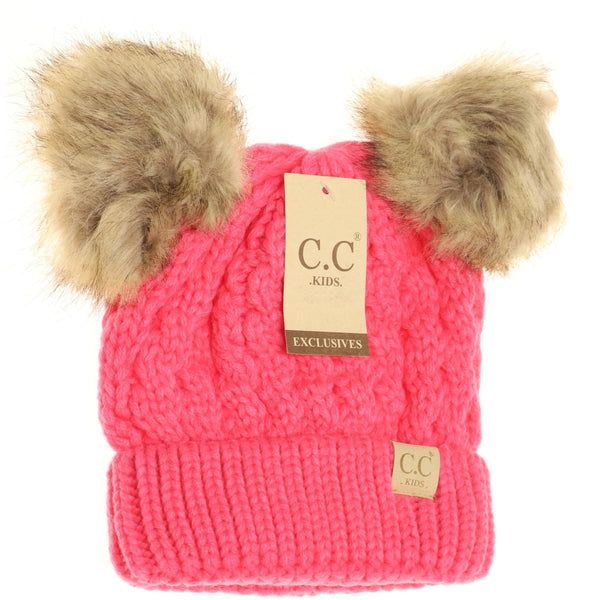 Kids Cable Knit Double Pom Beanie