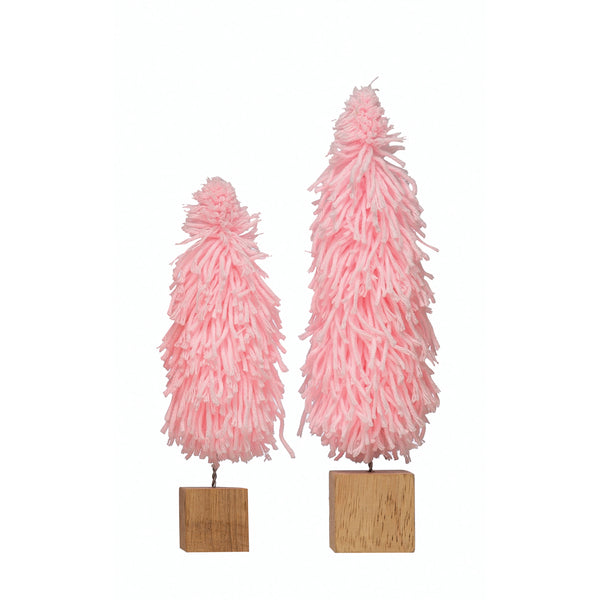 3" Round x 11-3/4"H Fabric Yarn Tree with Wood Block Base, Pink