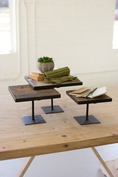 set of 3 recycled wood risers with antique black metal bases