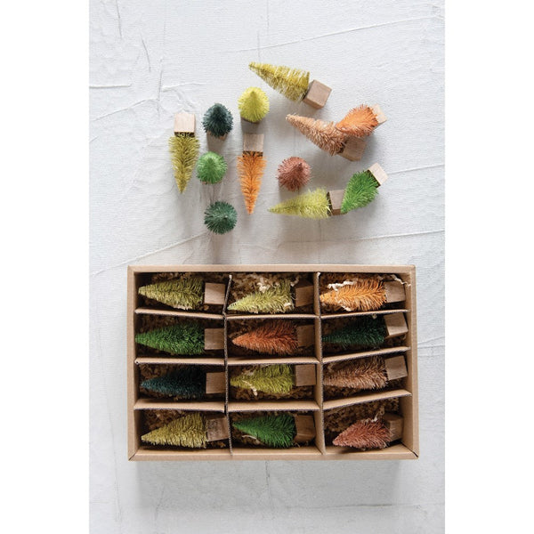 Creative Co-Op Bottle Brush Square Wood Base (Boxed Set of 12 Pieces) Trees, Multi Color
