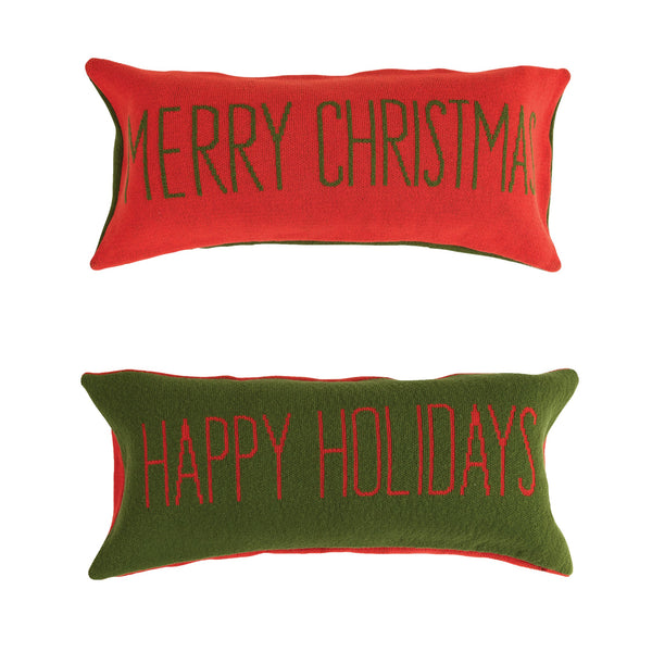 Two-Sided Cotton Knit Lumbar Pillow "Merry Christmas/Happy Holidays"