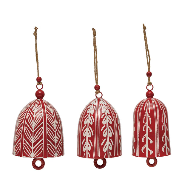 Metal Bell with Pattern and Wood Bead, Red and White